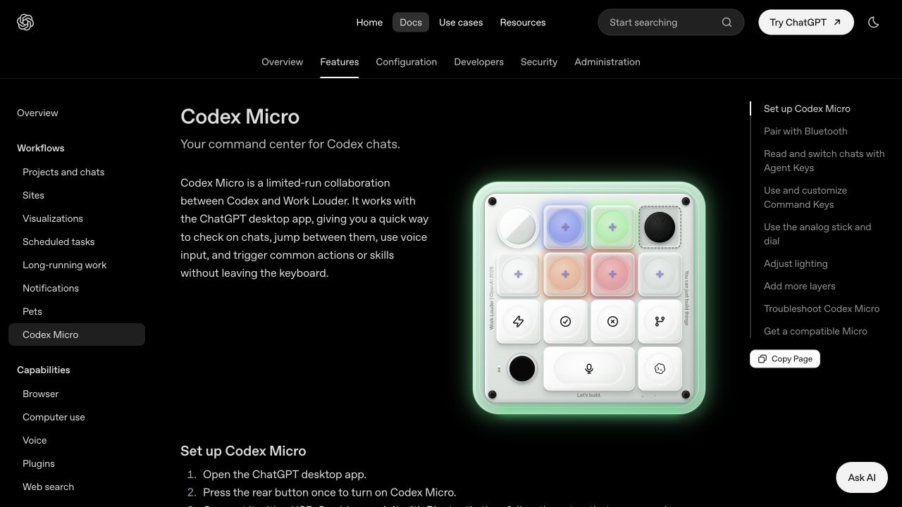 Screenshot of the interactive Codex Micro keyboard in the documentation