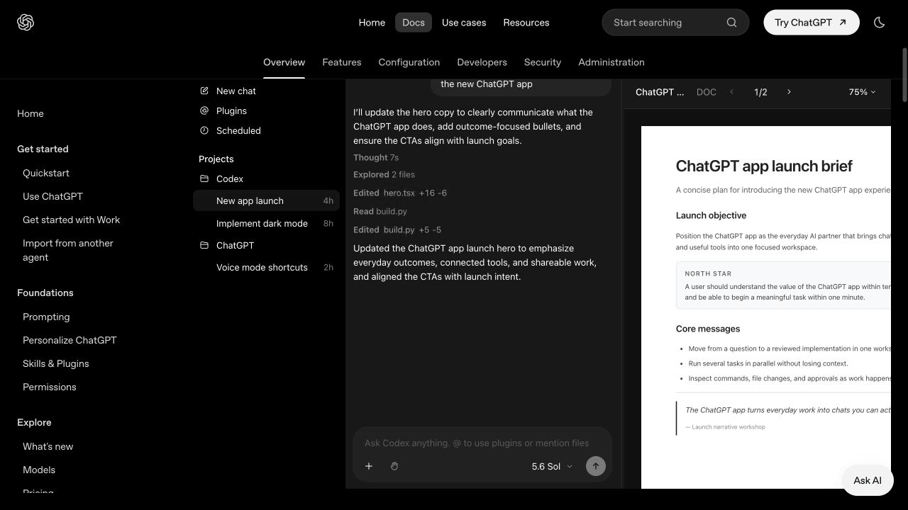Screenshot of Codex Mini displaying a document artifact on the ChatGPT desktop app overview