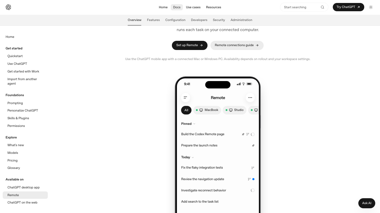 Screenshot of the interactive Codex Remote phone interface on ChatGPT Learn