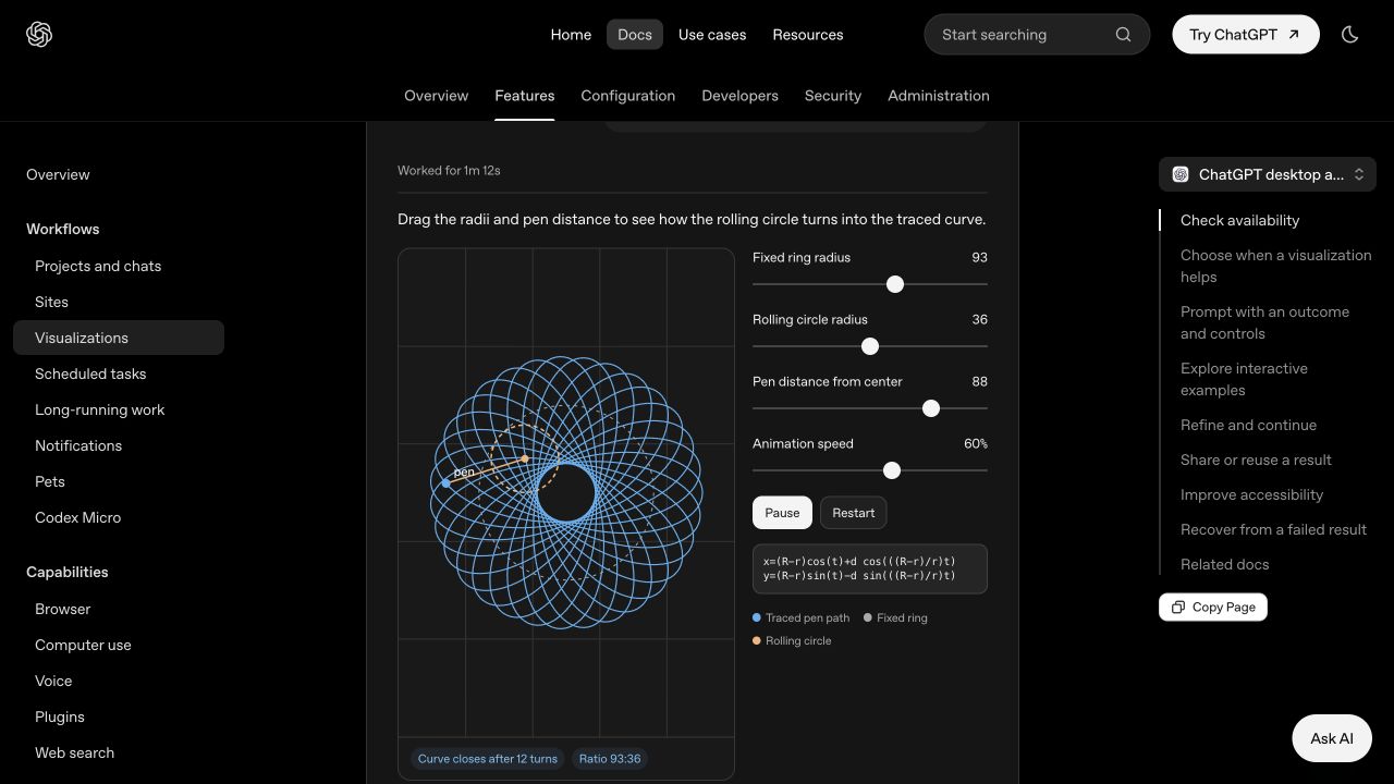 Screenshot of the interactive spirograph visualization in the ChatGPT documentation