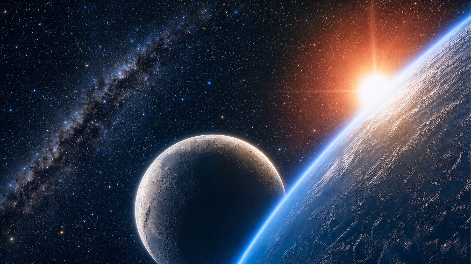 Earth, the moon, and a field of stars