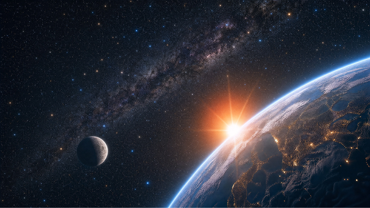 Sunlight breaking over the edge of Earth against a dark field of stars