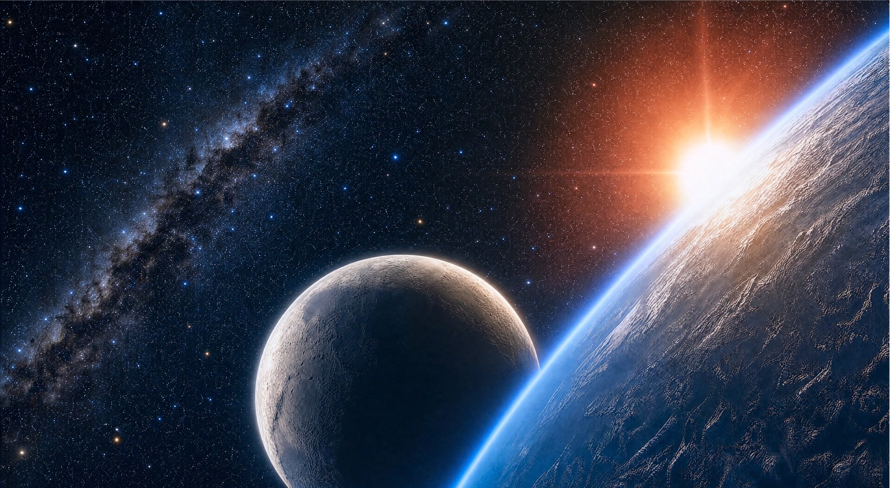 Earth and the moon in a wide field of stars